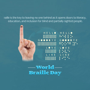 Image depicting a hand pointing to Braille letters forming words like 'Hello', 'Goodbye', and 'Love', celebrating World Braille Day.
