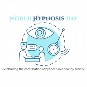 Illustration for World Hypnosis Day featuring an eye with a spiral and medical tools.