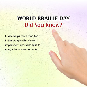 Image illustrating World Braille Day with a hand touching a screen displaying information about Braille.