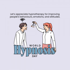 Illustration depicting a hypnotherapist using a swinging watch on a client, promoting World Hypnosis Day.