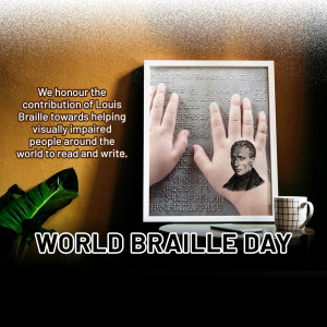 Image commemorating World Braille Day with a portrait of Louis Braille and a depiction of braille.