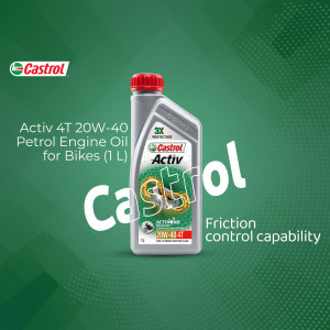 Castrol Activ 4T 20W-40 Petrol Engine Oil for Bikes (1L) bottle on a green background