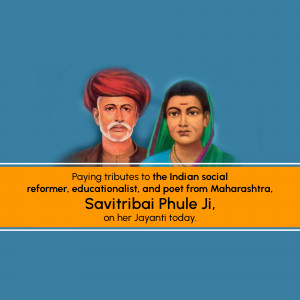 Portrait of Savitribai Phule and Jyotirao Phule with text commemorating Savitribai Phule Jayanti