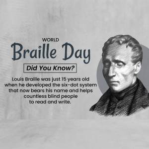 Image commemorating World Braille Day featuring Louis Braille and information about his invention.