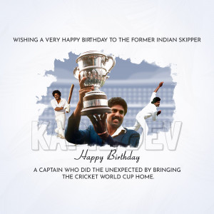 Image celebrating Kapil Dev's birthday with a trophy and team photos.