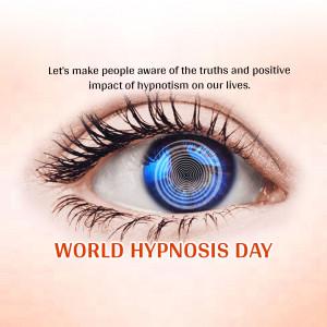 Close-up of an eye with a swirling blue hypnotic pattern in the iris, promoting World Hypnosis Day.