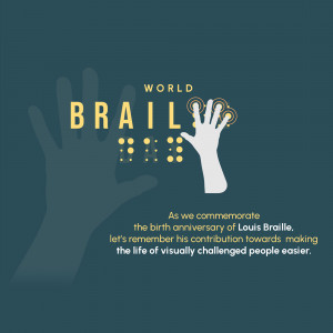 Image depicting a hand with Braille dots, commemorating World Braille Day and Louis Braille's contribution.