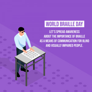 Isometric illustration of a visually impaired man reading Braille.