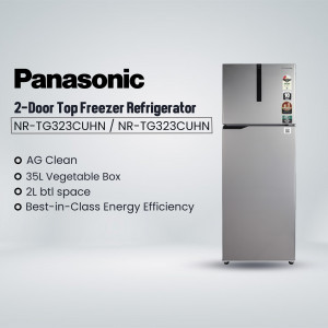 Silver Panasonic 2-Door Refrigerator with features listed