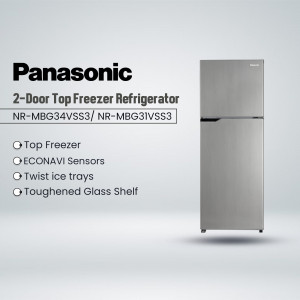 Silver Panasonic 2-Door Top Freezer Refrigerator with features listed