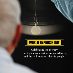 A hypnotherapist using a pendulum with text celebrating World Hypnosis Day.