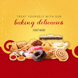 Assortment of pastries and baked goods on a red and yellow background