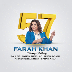 Farah Khan celebrating her 57th birthday with a large golden '57' and text praising her achievements.