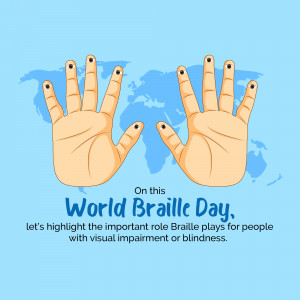 Illustration of hands with Braille dots and a world map background for World Braille Day