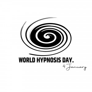 Black spiral design with text 'World Hypnosis Day. 4 January'
