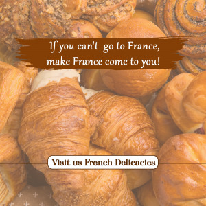 Assortment of French pastries with a promotional text overlay.