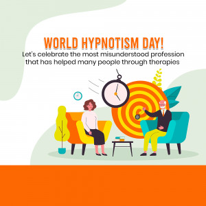 Illustration depicting a hypnotherapist and patient in a session, celebrating World Hypnotism Day.