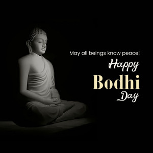 A grayscale image of Buddha in a meditative pose with the text 'Happy Bodhi Day'