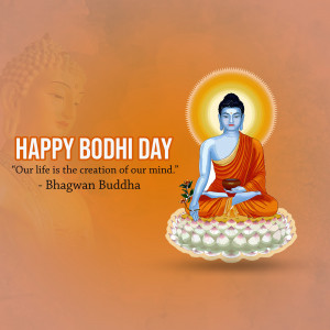 Illustration of Buddha meditating on a lotus flower with the text 'Happy Bodhi Day'