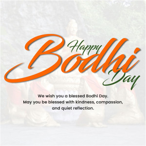 Image wishing a Happy Bodhi Day with a Buddha portrait and festive text.