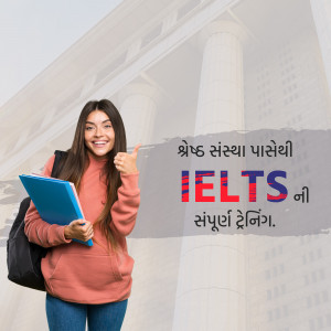 Young woman smiling and giving a thumbs up with IELTS text in the background.