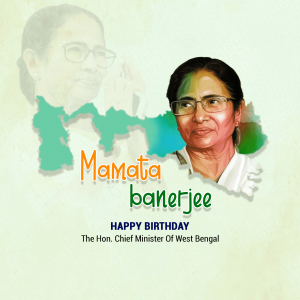 Portrait of Mamata Banerjee with a birthday greeting and West Bengal map