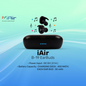 iAir B-19 wireless earbuds and charging case on a blue gradient background