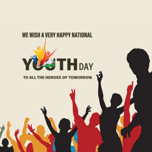 Image depicting a celebration of National Youth Day with silhouettes of people raising their hands and the text 'Youth - Heroes of Tomorrow'.