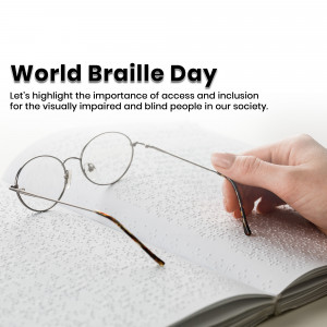 Image depicting a hand touching Braille paper with a pair of glasses, celebrating World Braille Day.
