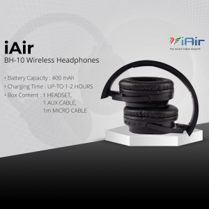 Black iAir BH-10 Wireless Headphones on a white pedestal