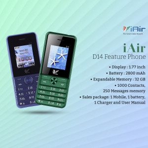 iAir D14 feature phone in blue and green colors with specifications