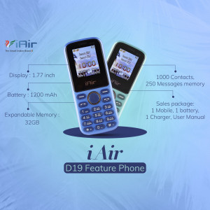 Blue iAir D19 feature phone with key specifications displayed