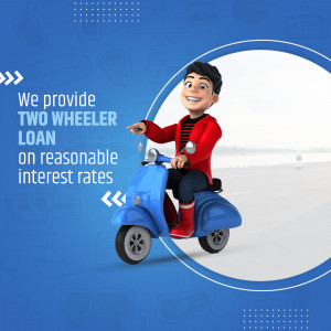 Cartoon illustration of a man riding a blue scooter, promoting two-wheeler loans.