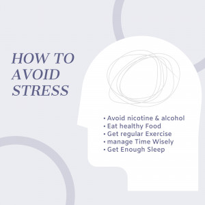 Infographic with tips on how to avoid stress, featuring a brain outline and bullet points.