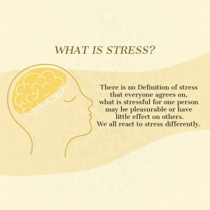 Illustration of a head in profile with a brain outline, text asking 'What is Stress?'