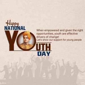 National Youth Day greeting with Swami Vivekananda's image and celebrating youth empowerment.