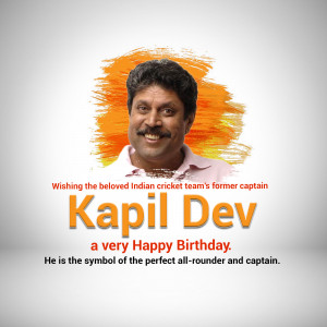 Portrait of Kapil Dev with birthday greetings