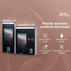 ZKTeco SpeedFace-V5 and H5 facial recognition access control terminals displayed on a brown background.