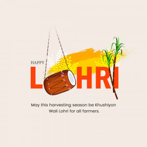 Illustration of a Dhol drum, sugarcane, and wheat stalks with the text 'Happy Lohri'
