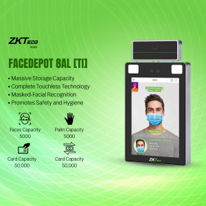 ZKTECO FaceDepot 8AL facial recognition terminal with a person wearing a mask