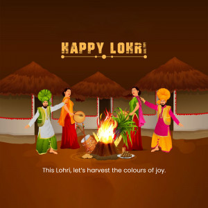 Illustration of people celebrating Lohri festival around a bonfire