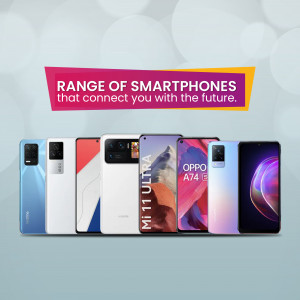 A lineup of various OPPO and Xiaomi smartphones displayed for promotional purposes.