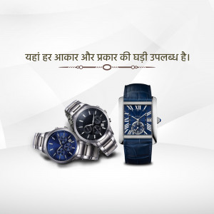 Three luxury watches - a chronograph, a silver watch, and a blue leather strap watch - displayed on a white surface.