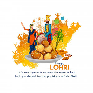 Illustration of Lohri festival with people, sweets, and festive elements.