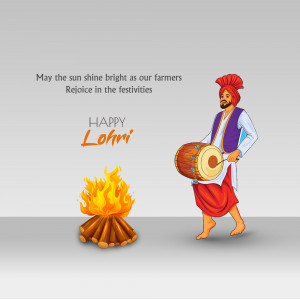 Illustration of a Punjabi farmer playing a dhol drum with a Lohri bonfire