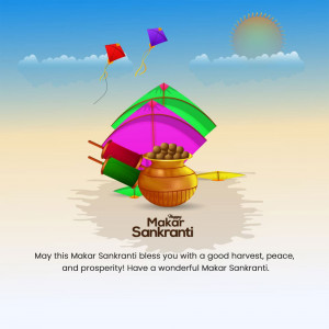 Colorful illustration of kites, sweets, and a pot for Makar Sankranti