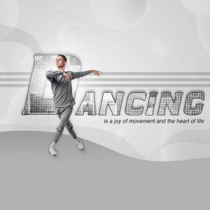 A male dancer posing in front of a large 'Dancing' graphic.
