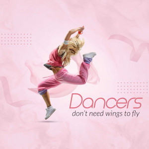 A dynamic image of a female dancer in mid-air with pink abstract design elements and text.