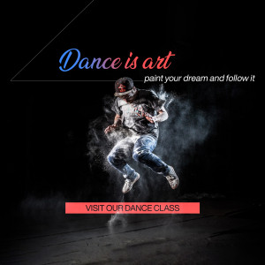 A dynamic image of a dancer in mid-air with text promoting a dance class.