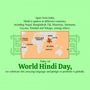 World map highlighting countries where Hindi is spoken, celebrating World Hindi Day.